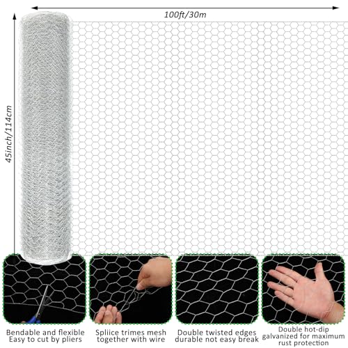 45 in X 100 ft Chicken Wire Fencing Metal Floral Chicken Wire Fence for Crafts 1 Inch Hexagonal Galvanized Poultry Wire Netting for Chicken Coop Barrier Rabbit Cage