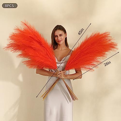 Wertuirk Orange Pampas Grass Decor- 45-Inch Set of 8 | Tall Faux Pampas Grass Soft and Fluffy | Large Artificial Pompas Floral | Perfect for Living Room, Office and Wedding Party Centerpieces - color: Orange