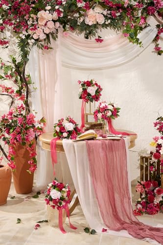 Ling's Moment Pink White Artificial Wedding Arch Flowers Kit Pack of 4, 2pcs Hanging Flower Arrangement 2pcs Chiffon Drapes Ceremony Reception Silk Rose Arbor Backdrop Floral Garden Outdoor Decoration - color: Pk-blush & Cream