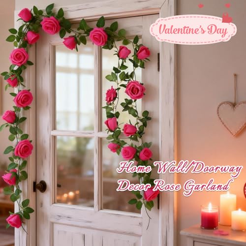 Felice Arts 2 Pack Hot Pink Artificial Floral Garland Each 6.5FT Fake Rose Vine Hanging Spring Garland for Wedding Party Background Table Arrangement Room Teepee Mirror Decor - color: Hot Pink