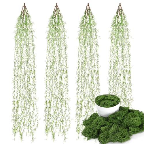 4 Pcs 33 Inch Fake Spanish Moss with 7 oz Artificial Green Moss for Potted Plants Indoor Hanging Garland Greenery Faux Vines Plants Faux Seaweed Greenery for Crafts DIY Garden Home Decor
