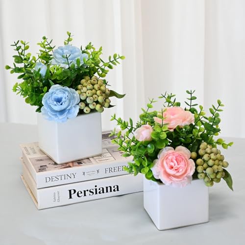 LADADA Artificial Blue Rose Potted Flowers with White Square Vase | Faux Eucalyptus Leaves Frosted Berry Floral Arrangement,Small Fake Silk Flower Centerpiece for Office Shelf Home Indoor Decor - color: Blue