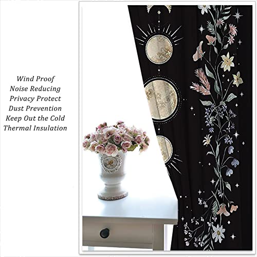 Boho Yellow Floral Wildflower Rod Pocket Blackout Curtains for Teen Bedroom,Moon Phase Moonlit Garden Witchy Gothic Aesthetic Thermal Insulated Home Window Drapes for Living Room Darkening,42x45in - color: Boho Yellow Floral Wildflower-006, size: 42"W x 4
