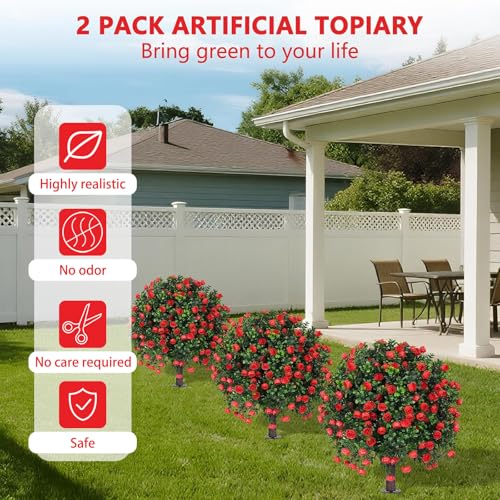 Yangrass Artificial Rose Topiary Ball Trees with Ground Spike, 2 Pack 16 Inches UV Resistant Artificial Shrubs, Fake Evergreen Artificial Plant Brush for Indoor Outdoor Front Porch Garden - color: Red Rose