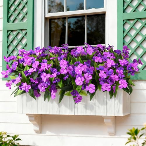 Hommyea Artificial Fake Flowers for Outdoor, 6 Bundles UV Resistant Faux Plants Decoration Silk Flowers No Fade Plastic Flowers for Outside Planters Home Porch Patio Yard Garden Decor(Purple) - color: Dark&light Purple