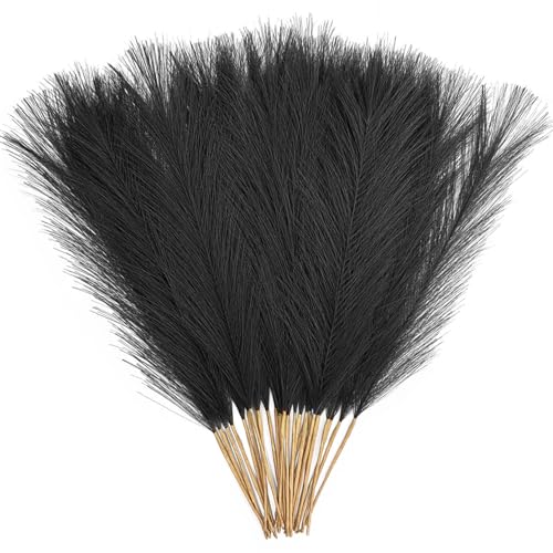 Fake Pampas Grass Plants Artificial Reeds Decoration Set of 28 Stems 17” Faux Florals Bulrush Fluffy Beige Branches for Boho Home Wedding Party Vase Fillers Christmas DIY Feathers Décor Black 28 Pcs - color: Pampas Grass Stems / Black 28 Pcs