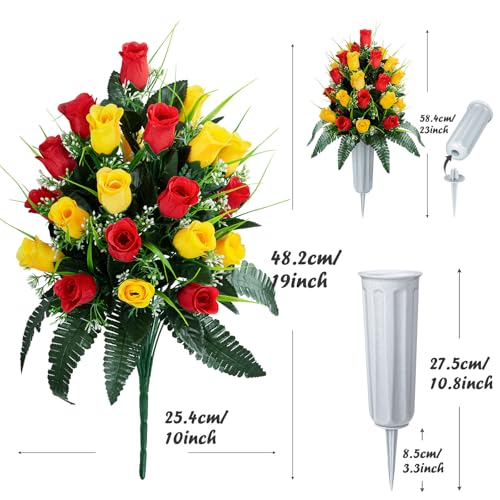 XONOR 2 Sets Artificial Cemetery Flowers, Grave Decorations Roses, Memorial Flowers Bouquet with Vase for Grave Cemetery Decoration (Red&Yellow) - color: Red&yellow