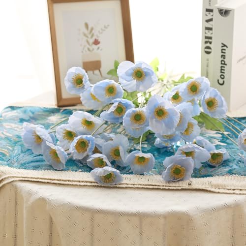 10 Pcs Blue Artificial Poppy Flowers with 40 Heads Lifelike Silk Fake Poppies for Vase Faux Poppies with Stem for Spring Wedding Home Table Centerpiece Baby Shower Veterans Day Decor (Blue) - color: Light Blue