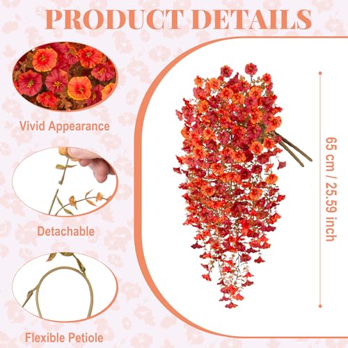 Hrobek Artificial Fall Hanging Flowers for Decoration, 2pcs Long Vine Fake Flowers Plants Morning Glory, Realistic Faux Petunias for Planter Patio Porch Garden Autumn Outdoors Dec, Orange Red - color: Z-orange Red