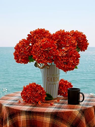 PARTY JOY 5PCS 15.4In Fall Decor Artificial Fall Flowers Bouquet Faux Hydrangea Stems for Wedding Centerpieces Fall Autumn Decorations for Home - color: Orange