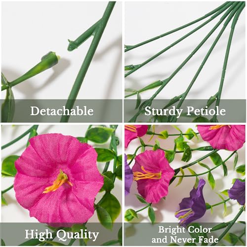 4 Pcs Fake Hanging Plants Artificial Flowers for Outdoors, Silk Petunia Faux Flowers Look Real Trailing Vines UV Resistant Faux Plants for Home Planter Porch Patio (2 Rose Red+2 Purple)