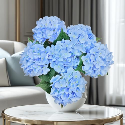 6PCS Blue Hydrangea Artificial Flowers, Bulk Silk Fake Flower with Stems, Faux Hydrangeas Bouquets for Home Décor, Wedding, Party, and Office Table Centerpieces. - color: Blue