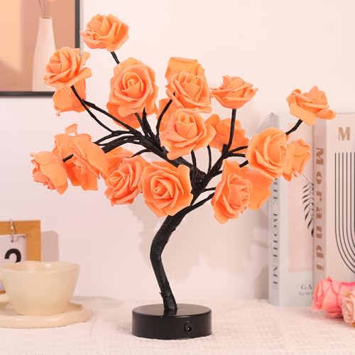 Drawelry Rose Flower Tree Lamp - LED Rose Tree Table Lamp USB/Battery Powered Artificial Bonsai Flower Night Light for Bedroom Living Room Party Wedding Birthday Decor (Orange) - color: Orange