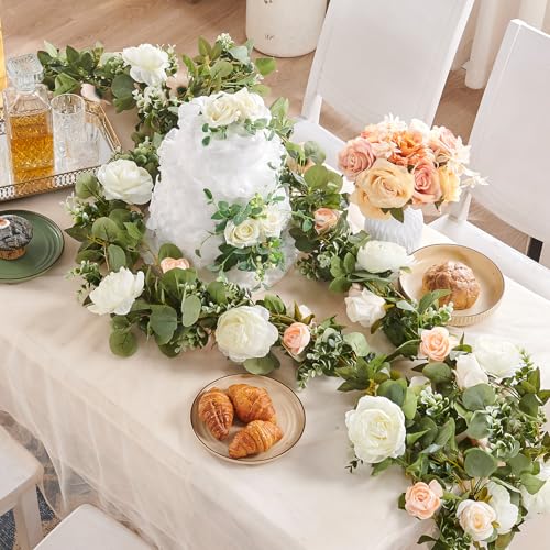 PONKING Flower Garland Artificial Rose Vine Flowers Hanging Fake Roses Vines for Wedding Birthday Party Valentines Christmas Room Wall Arch Decor, 2 White & 1 Light Pink Floral Garland Decorations - color: Huge Flower White Vines 5.4ft