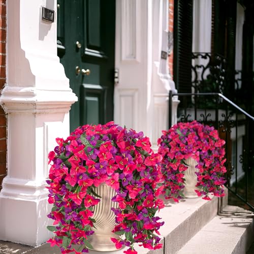 INXUGAO 2 pcs Artificial Faux Bougainvillea Flowers Plants for Outdoor Outside Summer Decoration, Fake Silk UV Resistant Long Trailing Vines for Front Door Porch Planter Balcony (Rose Deep Lotus) - color: Rose Dark Lotus Color