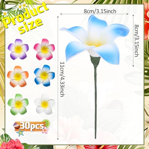Tigeen 30 Pcs Hawaiian Plumeria Frangipani Artificial Flowers Fake Tropical Flowers with Stems for DIY Birthday Gifts Wedding Home Hawaiian Party Decor Table Centerpiece (Multicolored) - color: Multicolored