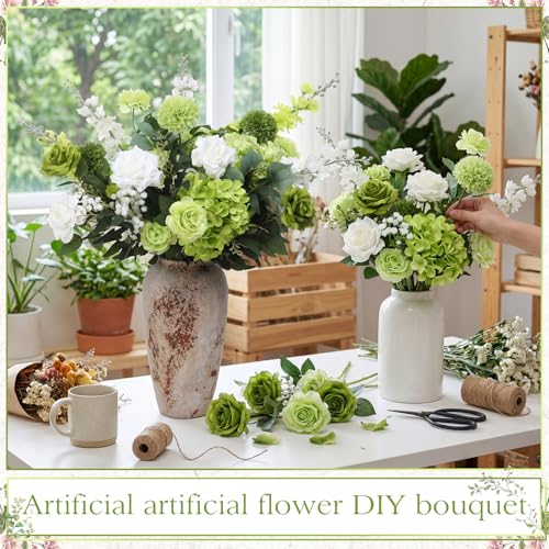 Suncalla 36 Pcs Green Artificial Flowers Bouquet Set 8 Kind Faux Delphinium Rose Peony Chrysanthemum Hydrangea Baby's Breath Florals with Greenery Long Stem for Wedding Table Vase Decor - color: Green