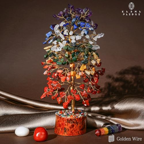 7 Chakra Healing Crystal Tree of Life for Manifestation, Handmade Crystal Tree for Good Luck, Positive Energy, Reiki, Home Office Room Wall Decor, Unique Birthday Gift for Women, Men, Mom & Dad - color: Wooden Base 7 Chakra Full Golden Wire Tree