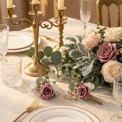 12 Pack Corsage and Boutonniere Set Handmade with Lifelike Artificial Rose, Non-Fading Prom Flower Wrist Corsage for Wedding Homecoming and Prom Events