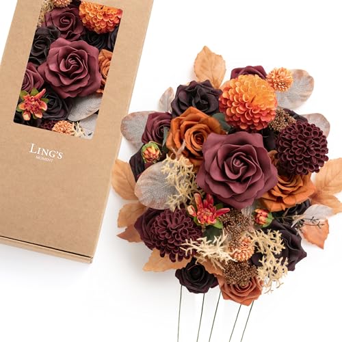 Ling's moment Artificial Wedding Flowers Combo, Fake Greenery Box for DIY Bouquets Centerpieces Decorations Foam Rose Dahlia Kit with Stems for Party Home Decor, Burgundy & Burnt Orange, Deluxe Combo - color: Burgundy & Burnt Orange, size: Deluxe