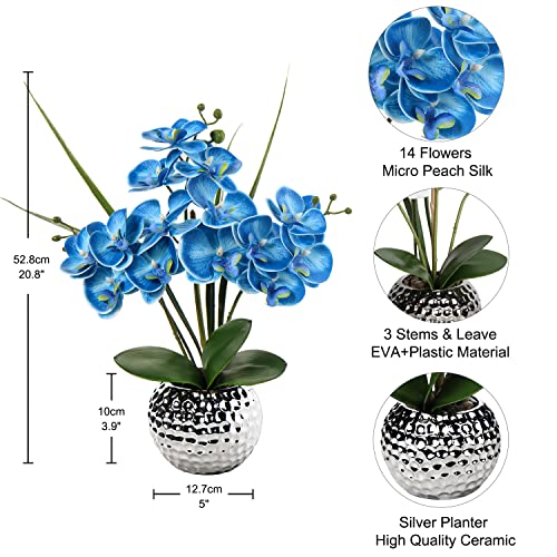 Briful Orchids Artificial Flowers, 20'' Blue Faux Orchid Flowers with Silver Vase Fake Phalaenopsis Silk Flowers for Home Coffee Table Bathroom Office Kitchen Decor - color: Blue #004