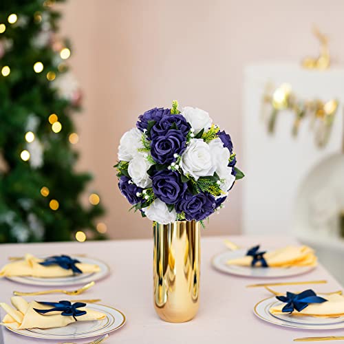 BLOSMON Navy Blue Flowers for Centerpieces: 10 Pcs Artificial Roses Flower Balls for Wedding Table - Fake Silk Kissing Bouquet Floral Arrangement for Home Party Event Decoration - color: Navy Blue & White