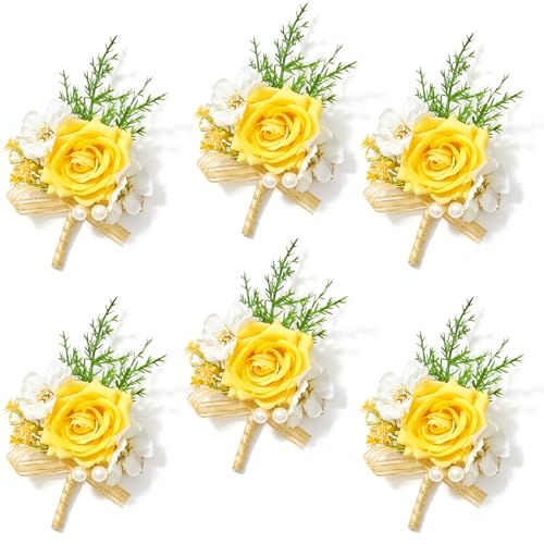 Serwalin 6 PCS Yellow Rose Boutonniere for Men, Artificial Silk Flower Boutonniere for Wedding Groom Groomsmen, Prom Homecoming Formal Party Suit Decoration - color: Yellow, size: Boutonniere 6pcs
