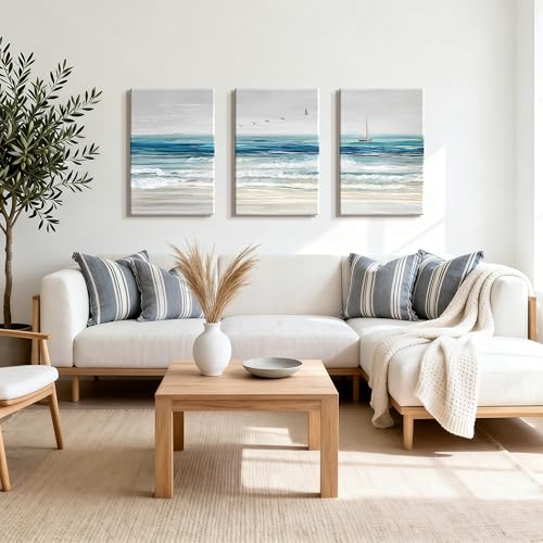 WENGTIAO Abstract Ocean Wall Art Set of 3 Blue Beach Canvas Paintings Minimalist Coastal Prints Pictures Sail Boat Home Decor Seascape Artwork for Living Room Bedroom Hallway 16”x24”x3Pcs - color: Abstract Blue Ocean, size: 16"x24"x3Pcs