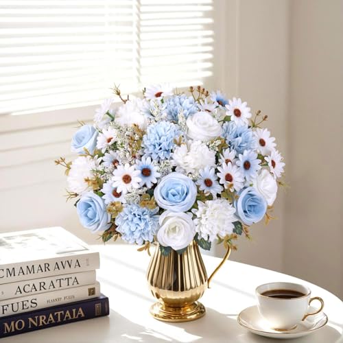 Dremisland Artificial Flowers 2 Packs Mixed Blue & White Silk Artificial Roses Bouquet with Daisy Chrysanthemum Fake Blue Flowers Bouquet for Vase Centerpiece Table Wedding Party Home Decor - color: Blue White, size: 2PCS