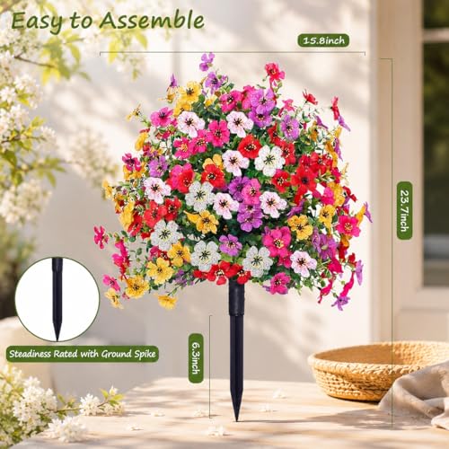 Topiary Flower Ball Trees Artificial Outdoor Set of 2, D15.8" UV Resistant Faux Boxwood Flower Ball Plants with Stake,Realistic Faux Shrubs Planter Filler for 4th of July Front Cemetery Porch Garden - style: Violet