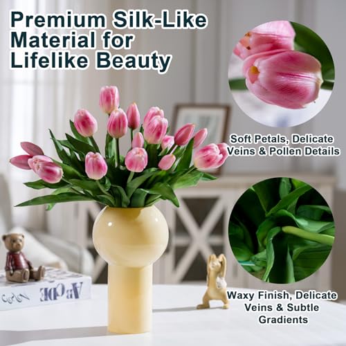 Bailikang 20PCS Fake Tulips 12' Artificial Tulip Silk Flowers Fake PU Bouquet Artificial Flowers Faux Flowers with Gift Box Soft Faux Tulips Bouquets Arrangements for Party Wedding Home - color: Pink