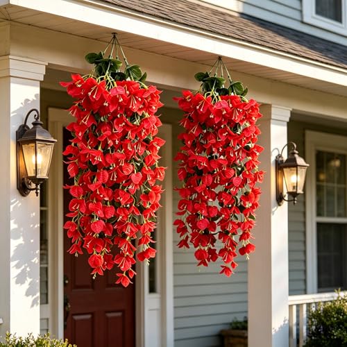 4 Pack Artificial Bougainvillea Hanging Flowers UV Resistant Long Trailing Silk Vines, Realistic Fake Plants for Outdoor Porch, Patio, Balcony, Yard & Planter Decor（Red） - color: 4pack