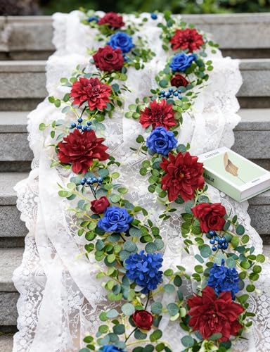 Waipfaru 2Pcs Flower Garland, 6Ft Eucalyptus Greenery Garland, Rose Floral Vines for Wedding Table Runner Centerpieces Backdrop Decor (Red Blue) - color: Red Blue-6.07ft, size: 2 Pack