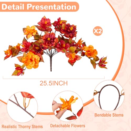 INXUGAO Fall Flowers Artificial for Outdoors Decoration, 2PCS Fake Fall Flowers for Outdoor Planters, Autumn Faux Hibiscus UV Resistant No Fade for Home Porch Patio Garden Balcony Yard Indoor Decor - color: Hibiscus Za-red Orange Yellow