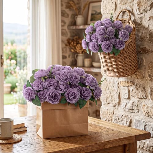 Thiccywoov 200 Pcs Flowers Long Stem Artificial Rose Bulk, 3.2 Inches Silk Rose Head Flowers Faux for Wedding Bridal Bouquet Independence Day Home Floral DIY Centerpieces Party Decoration (Purple) - color: Purple
