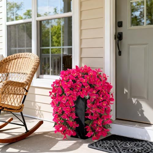 Fake Bougainvillea Artificial Flowers for Outdoors Decoration 2 pcs Faux Hanging Flowers Plants for Outdoor Planters UV Resistant Silk Bougainvillea Vines for Front Door Porch Urn Patio Garden - color: Hot Pink