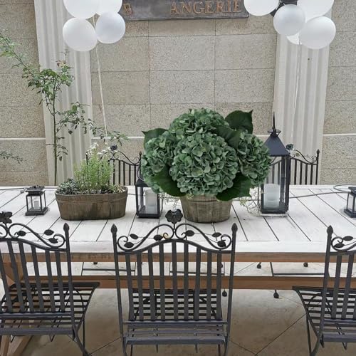 YalzoneMet 4Pcs Dark Green Silk Hydrangea Artificial Flower Big Blooms 20'' Long Stem Vintage Faux Hydrangea Flower Bouquets for Home Party Indoor Outdoor Boho Table Centerpiece Decor - color: Dark Green
