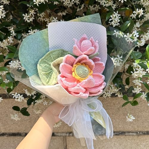 Pink Lotus Summer Crochet Flowers Bouquet Handmade Knitted Artificial Flowers Home Decor - color: Flowers009