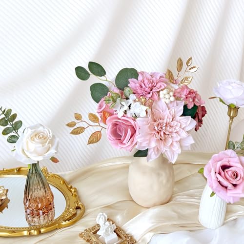 Silk Artificial Flowers Combo Box Set Dusty Pink Roses Gold Flowers Blush Pink Bridal Wedding Bouquets Cake DIY Fake Floral with Stems Arrangements Baby Shower Party Table Centerpieces Home Decor - color: Dusty Rose Gold