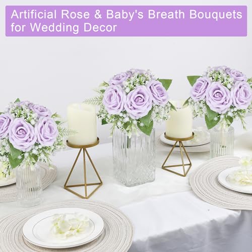Artificial Bridesmaid Bouquets Set of 6 -7 Inch Pre-made Bridesmaid Bouquets Lilac Silk Rose Bouquet Handmade for Wedding Holding Flowers, Bridal Shower Wedding Centerpiece Ceremony and Anniversary - color: Lilac and White, size: Set of 6 Bridesmaid Bouqu