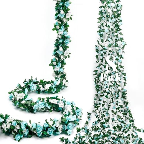 Miracliy 8Pcs 66FT Blue Flower Garland, Artificial Rose Floral Vines Fake Hanging Spring Flower Garland for Wall Backdrop Wedding Arch Tea Party Door Mantle Decoration (Each Pcs 8.2FT) - color: White&blue-8pcs