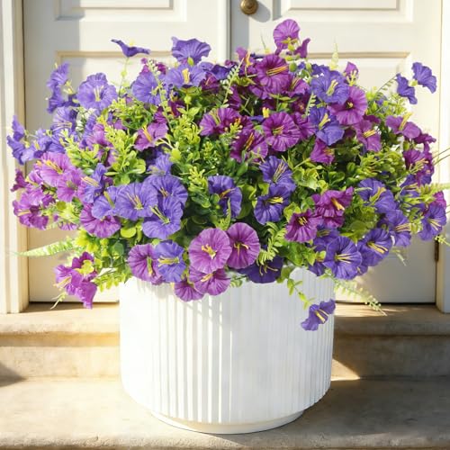 Artificial Morning Glory UV Resistant 36 pcs Purple Spring Artificial Flowers Outdoors, Realistic Faux Silk Morning Glory Fake Morning Glory Plants for Garden Porch Planters Window Wedding Decor - color: Purple＆ Fuchsia（with Green Ferns）, size: 36 pcs