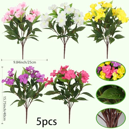 CITYES 5 Pcs Artificial Flowers Outdoor Impatiens UV Resistant Silk Impatiens Flowers Colorful Faux Flowers Impatiens Bushes Artificial Impatiens for Pot Patio Lawn Garden Hanging Basket Porch Decor - color: Pink, White, Yellow, Rose Red, Purple