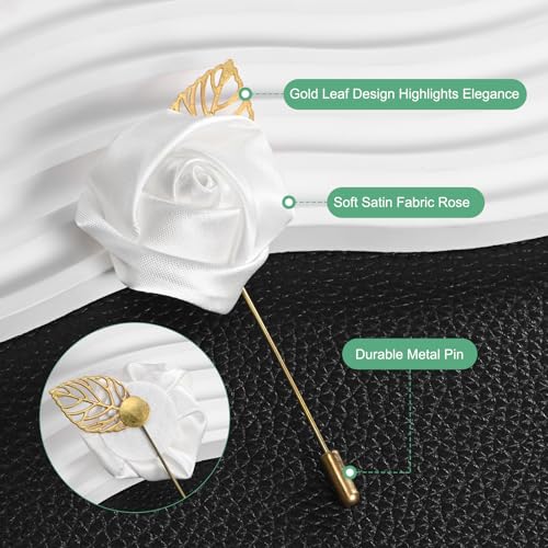 M METERXITY 1-Pack Flower Lapel Pins for Men, Golden Leaf Rose Boutonnieres Pin Groom Boutonnieres for Wedding/Dance/Party, Men Lapel Pins for Suits Satin Flower Corsage [Pure White] - color: Pure White