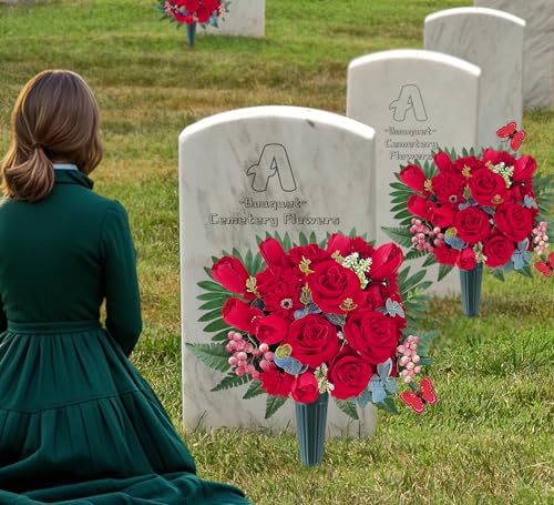 Silk Cemetery Flowers for Grave with Vase, Artificial Grave Flower for Cemetery Vase, Memorial Day Flowers for Headstones:Red Rose,Tulip,Look Real,No Fading