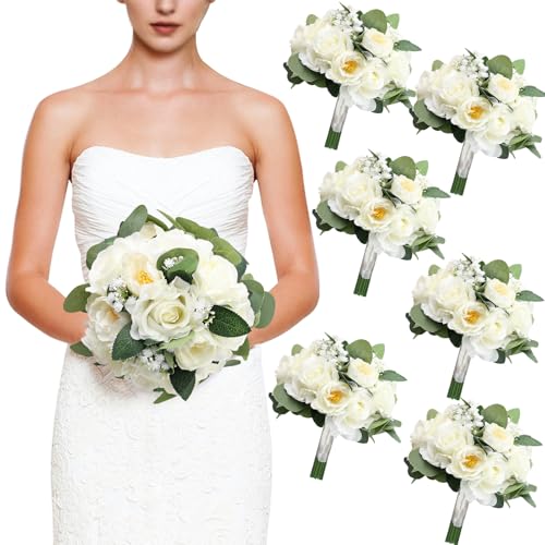 Set of 6 Bridesmaid Bouquets, 11 Inch Wedding Bouquets for Bridesmaids Artificial Flower Bouquets for Wedding Ceremony Bridal Shower Decorations - White - color: Ivory White, size: Set of 6 Bouquets