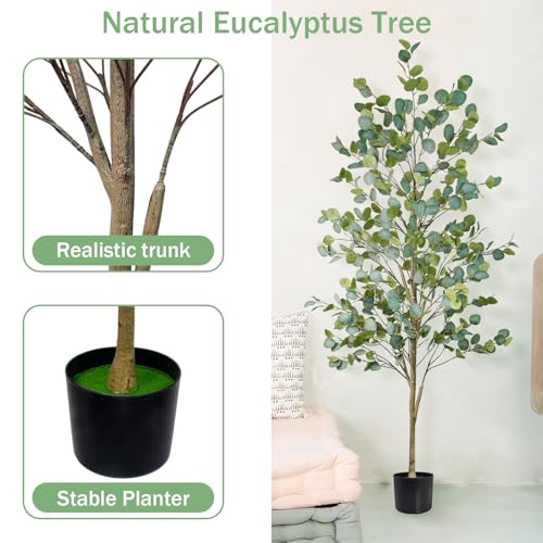Caxchiling Faux Eucalyptus Tree 6FT, Artificial Potted Tree for Indoor Outdoor, Fake Floor Plants with Natural Wood Trunk, Home Office Living Room Bedroom Decor - color: Eucalyptus