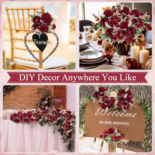 Lyrow 8 Pcs Peony Artificial Flowers Fake Silk Hydrangea Bouquet Elegant Peony Flowers for Wedding Decoration Faux Realistic Floral for Home Party Table Centerpieces Arrangement (Claret) - color: Claret