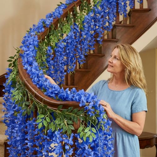 U'Artlines 24 Pack (Total 86.4 Feet) Artificial Fake Wisteria Vine Rattan Hanging Garland Silk Flowers String Home Party Wedding Decor (24, Navy Blue) - color: Navy Blue