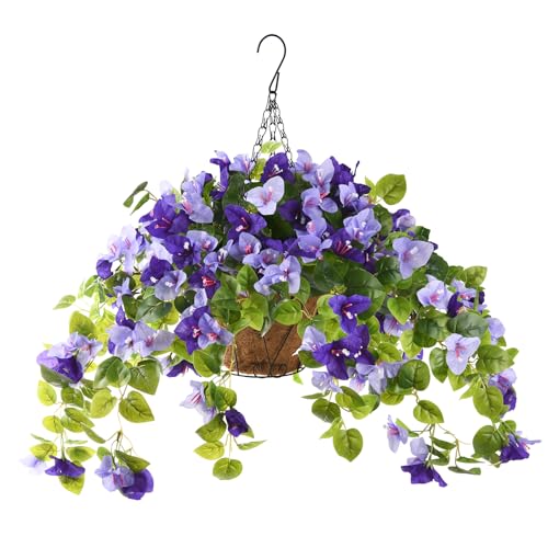 Homsunny Artificial Fake Hanging Flowers Plants Basket for Outdoor Decoration, Faux Silk Flower Bougainvillea Planter Look Real UV Resistant for Home Porch Patio Balcony Yard Spring Decor(Purple) - color: Double Purple